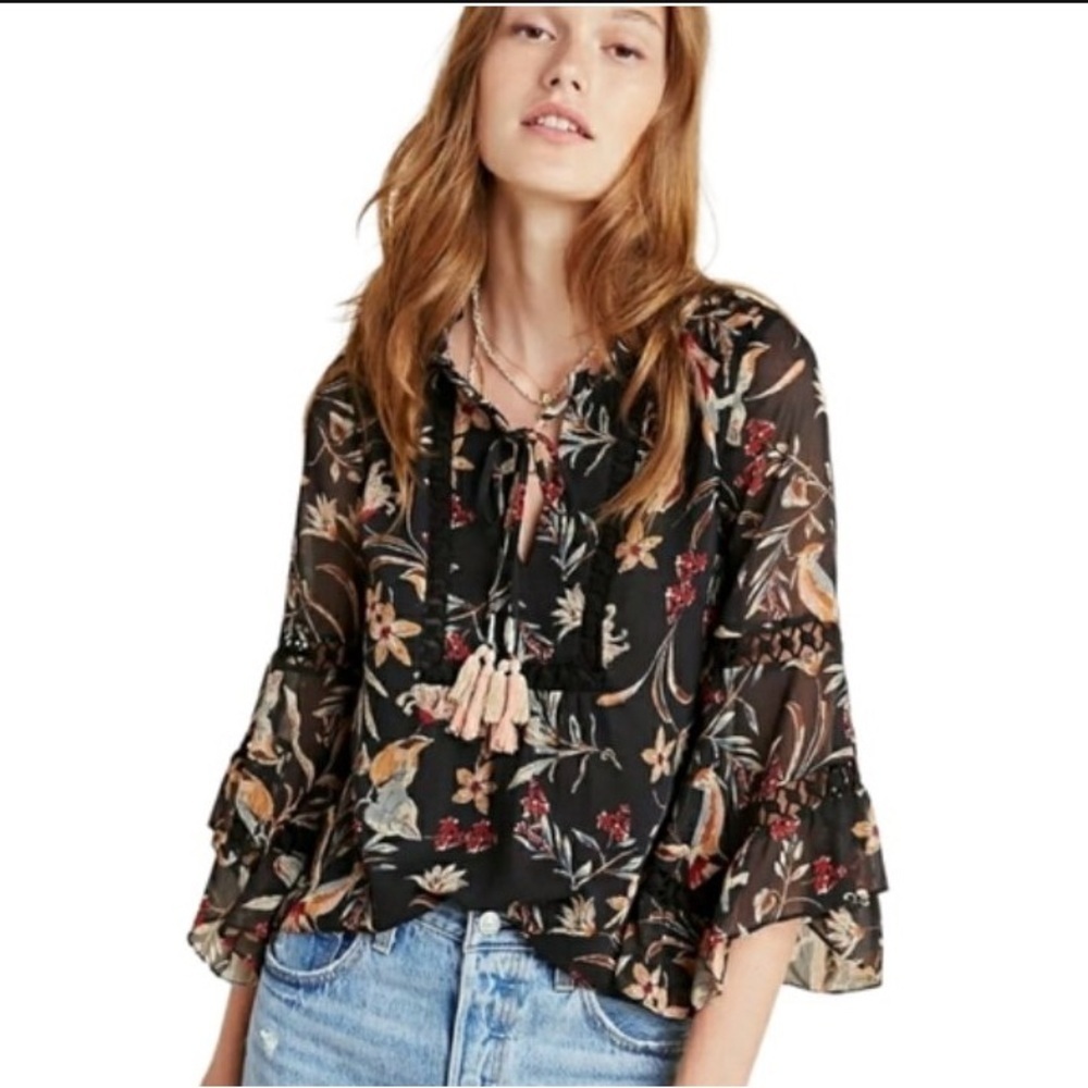 Anthropologie Maeve Black Floral Blouse size XS